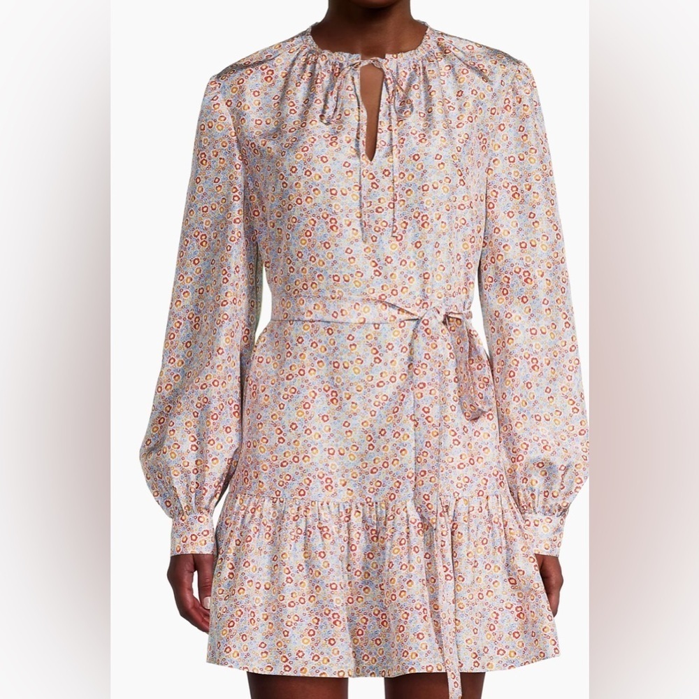Rebecca Taylor 100% silk floral tie belt mini dress cottagecore violet floral